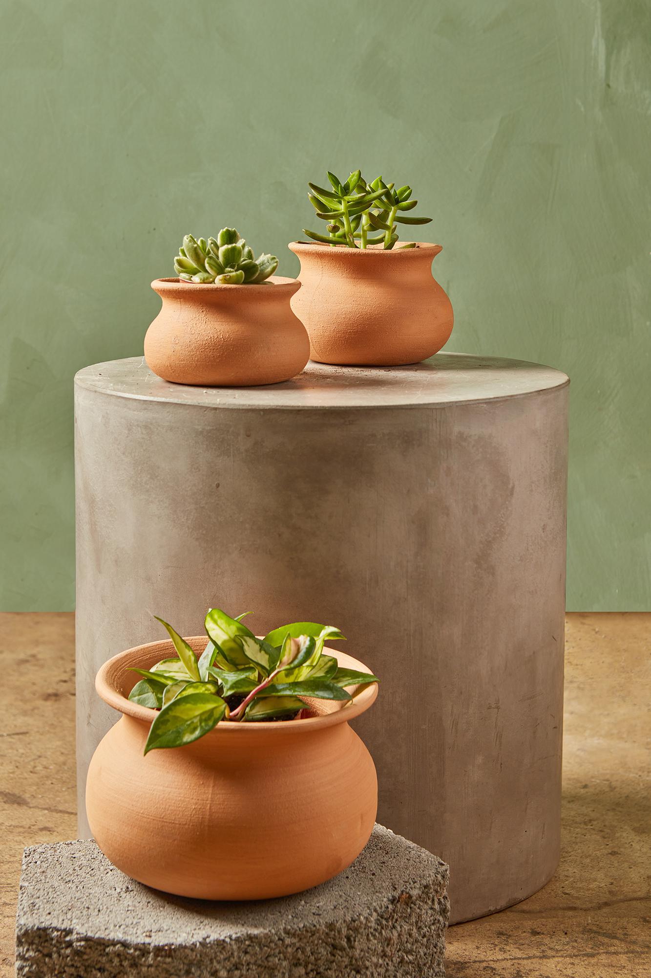Small Terracotta Cylinder Pot and Saucer
